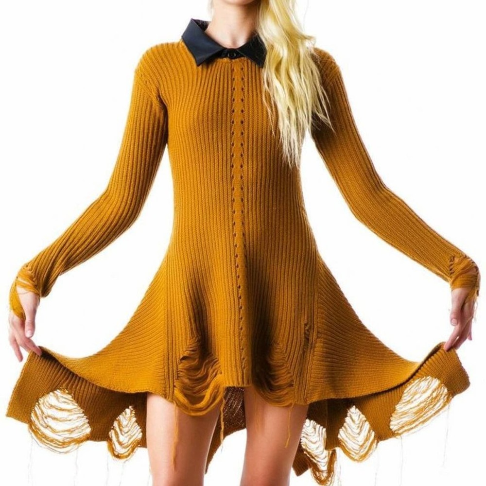 UNIF Francis Sweater Dress Shredded Vegan Leather Collar Tobacco {N11}